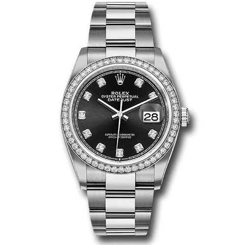 Rolex Steel Datejust 36 Watch - Diamond Bezel - Black Diamond Dial - Oyster Bracelet - 2019 Release - 126284RBR bkdo