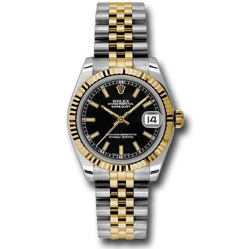 Rolex Steel and Yellow Gold Datejust 31 Watch - Fluted Bezel - Black Index Dial - Jubilee Bracelet - 178273 bkij