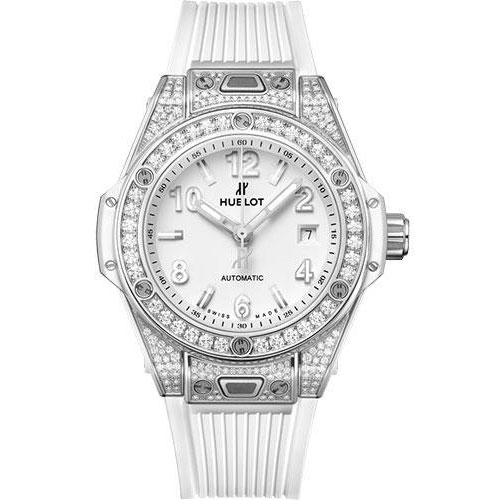 Hublot Big Bang One Click Steel White Pave Watch - 33 mm - White Dial - White Rubber Strap-485.SE.2010.RW.1604