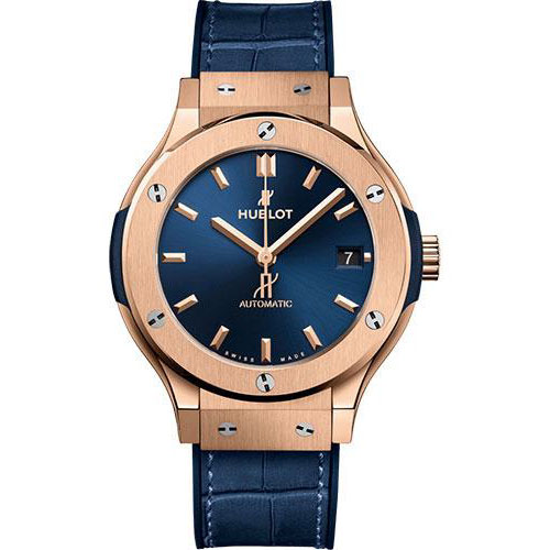 Hublot Classic Fusion King Gold Blue Watch - 38 mm - Blue Dial - Blue Rubber and Leather Strap-565.OX.7180.LR
