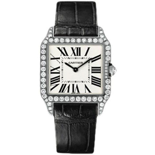 Cartier Santos-Dumont Watch - Small White Gold Diamond Case - Silver Dial - Alligator Strap - WH100251