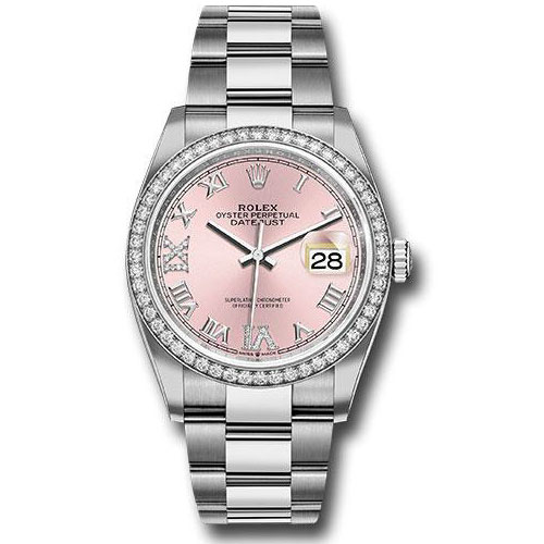 Rolex Steel Datejust 36 Watch - Diamond Bezel - Pink Diamond Roman VI and IX Dial - Oyster Bracelet - 2019 Release - 126284RBR pdr69o