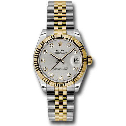 Rolex Steel and Yellow Gold Datejust 31 Watch - Fluted Bezel - Silver Diamond Roman Vi Diamond Dial - Jubilee Bracelet - 178273 sdj