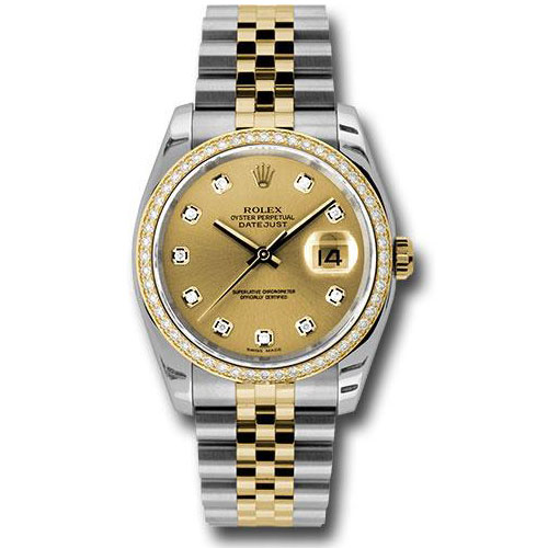 Rolex Steel and Yellow Gold Rolesor Datejust 36 Watch - 52 Brilliant-Cut Diamond Bezel - Champagne Diamond Dial - Jubilee Bracelet - 116243 chdj
