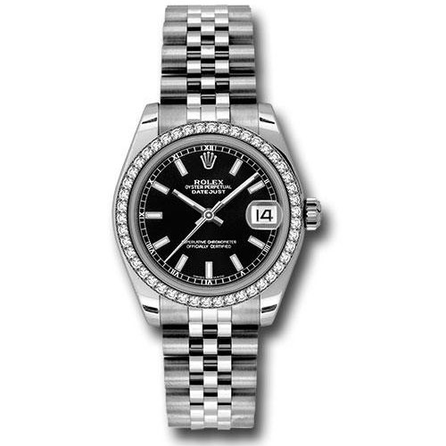 Rolex Steel and White Gold Datejust 31 Watch - 46 Diamond Bezel - Black Index Dial - Jubilee Bracelet - 178384 bkij