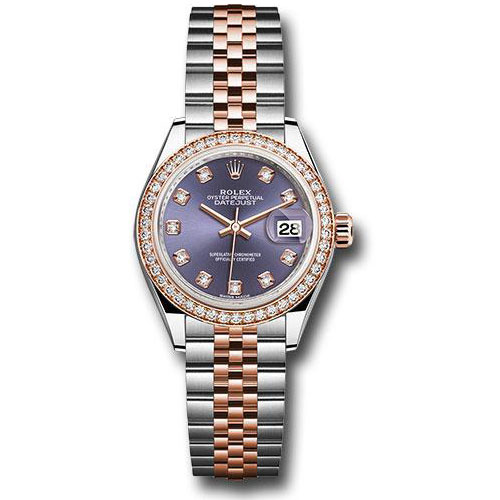 Rolex Steel and Everose Gold Rolesor Lady-Datejust 28 Watch - Diamond Bezel - Aubergine Diamond Dial - Jubilee Bracelet - 279381RBR audj