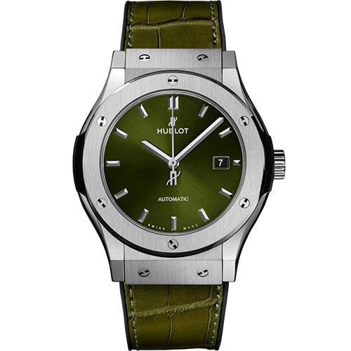 Hublot Classic Fusion Titanium Green Watch - 42 mm - Green Dial - Black Rubber and Green Leather Strap-542.NX.8970.LR