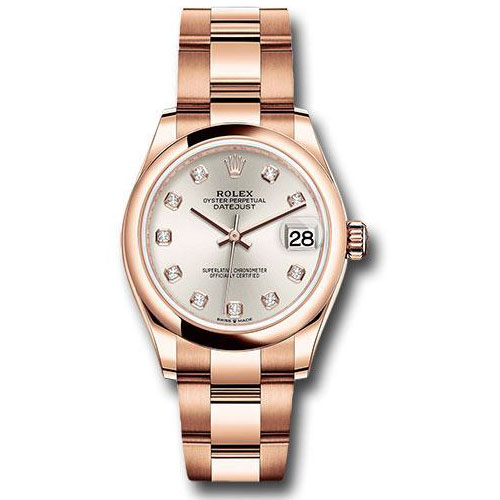 Rolex Everose Gold Datejust 31 Watch - Domed Bezel - Silver Diamond Dial - Oyster Bracelet - 278245 sdo