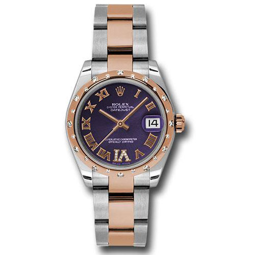 Rolex Steel and Everose Gold Datejust 31 Watch - 24 Diamond Bezel - Purple Diamond Roman Vi Roman Dial - Oyster Bracelet - 178341 pdro