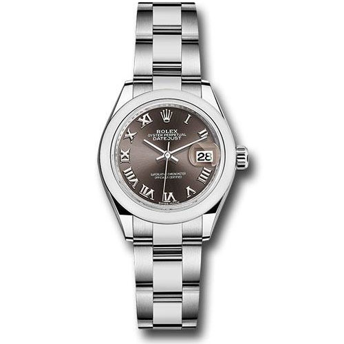 Rolex Steel Lady-Datejust 28 Watch - Domed Bezel - Dark Grey Roman Dial - Oyster Bracelet - 279160 dgro