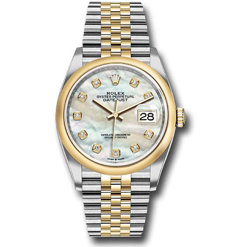 Rolex Steel and Yellow Gold Rolesor Datejust 36 Watch - Domed Bezel - White Mother-Of-Pearl Diamond Dial - Jubilee Bracelet - 126203 mdj