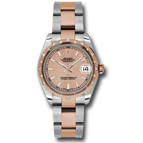 Rolex Steel and Everose Gold Datejust 31 Watch - 24 Diamond Bezel - Pink Index Dial - Oyster Bracelet - 178341 pio