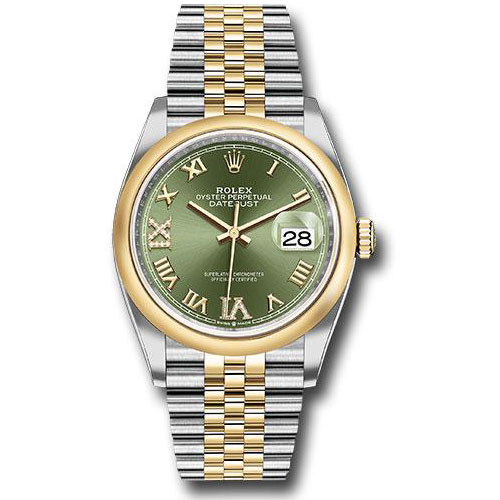 Rolex Steel and Yellow Gold Rolesor Datejust 36 Watch - Domed Bezel - Olive Green Roman Dial - Jubilee Bracelet - 126203 ogdr69j