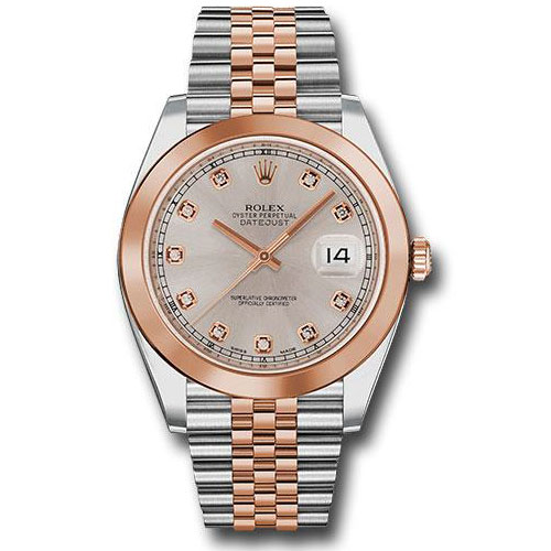 Rolex Steel and Everose Rolesor Datejust 41 Watch - Smooth Bezel - Sundust Diamond Dial - Jubilee Bracelet - 126301 sudj
