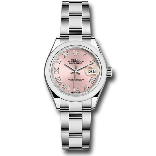 Rolex Steel Lady-Datejust 28 Watch - Domed Bezel - Pink Roman Dial - Oyster Bracelet - 279160 pro