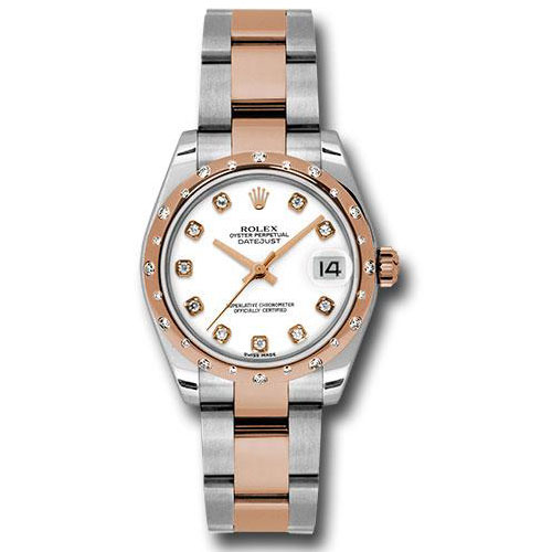 Rolex Steel and Everose Gold Datejust 31 Watch - 24 Diamond Bezel - White Diamond Dial - Oyster Bracelet - 178341 wdo