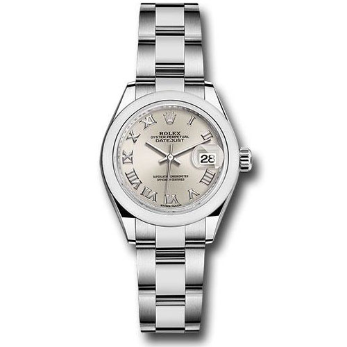 Rolex Steel Lady-Datejust 28 Watch - Domed Bezel - Silver Roman Dial - Oyster Bracelet - 279160 sro