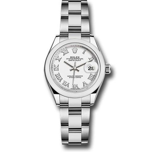 Rolex Steel Lady-Datejust 28 Watch - Domed Bezel - White Roman Dial - Oyster Bracelet - 279160 wro