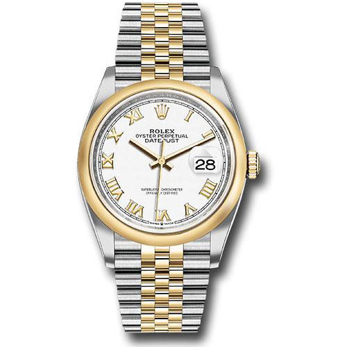 Rolex Steel and Yellow Gold Rolesor Datejust 36 Watch - Domed Bezel - White Roman Dial - Jubilee Bracelet - 126203 wrj