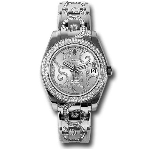 Rolex White Gold Datejust Pearlmaster 34 Watch - 116 Diamond Bezel - Rhodium Arabesque Diamond Dial - 81339 arabesque