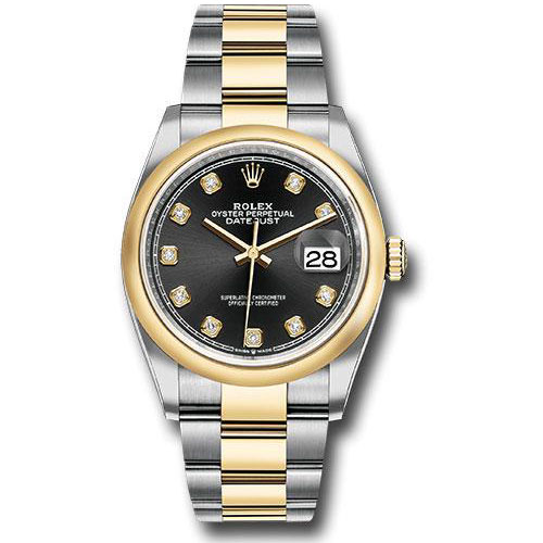 Rolex Steel and Yellow Gold Rolesor Datejust 36 Watch - Domed Bezel - Black Diamond Dial - Oyster Bracelet - 126203 bkdo