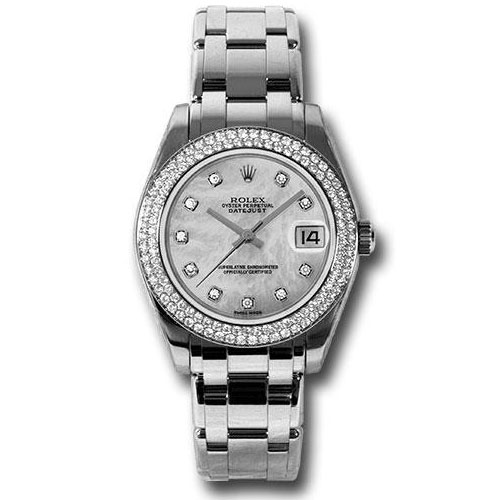 Rolex White Gold Datejust Pearlmaster 34 Watch - 116 Diamond Bezel - Mother-Of-Pearl Diamond Dial - 81339 md