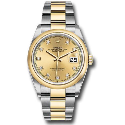 Rolex Steel and Yellow Gold Rolesor Datejust 36 Watch - Domed Bezel - Champagne Diamond Dial - Oyster Bracelet - 126203 chdo