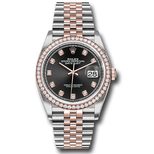 Rolex Steel and Everose Rolesor Datejust 36 Watch - Diamond Bezel - Black Diamond Dial - Jubilee Bracelet - 126281RBR bkdj