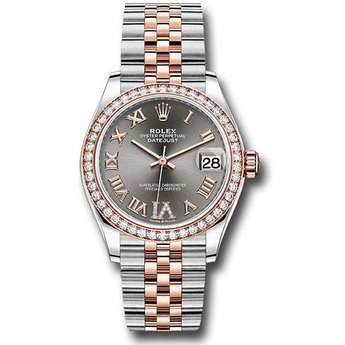 Rolex Steel and Everose Gold Datejust 31 Watch - 46 Diamond Bezel - Dark Rhodium Diamond Roman VI Dial - Jubilee Bracelet - 278381RBR dkrhdr6j