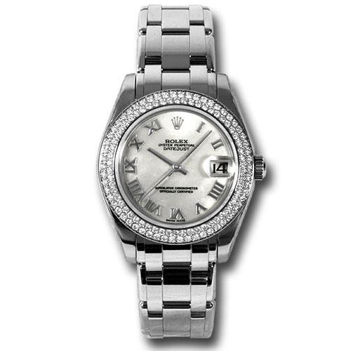 Rolex White Gold Datejust Pearlmaster 34 Watch - 116 Diamond Bezel - Mother-Of-Pearl Roman Dial - 81339 mr