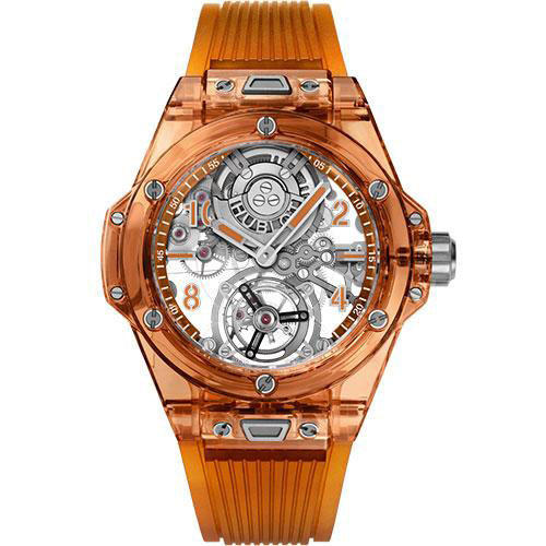 Hublot Big Bang Tourbillon Automatic Orange Sapphire Watch - 45 mm - Sapphire Dial - Transparent Orange Rubber Strap-419.JO.0120.RT