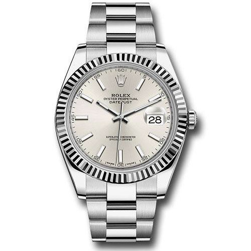 Rolex Steel and White Gold Rolesor Datejust 41 Watch - Fluted Bezel - Silver Index Dial - Oyster Bracelet - 126334 sio