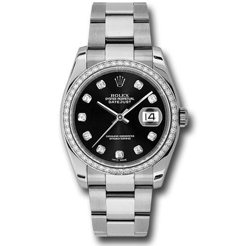 Rolex Steel and White Gold Datejust 36 Watch - 52 Diamond Bezel - Black Diamond Dial - Oyster Bracelet - 116244 bkdo
