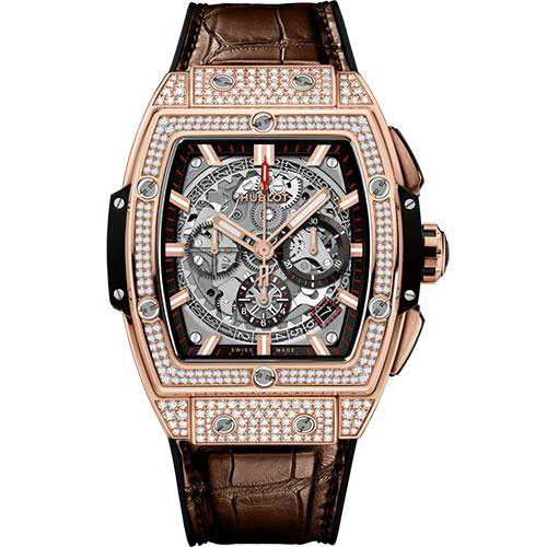Hublot Spirit of Big Bang King Gold Pave Watch - 42 mm - Sapphire Dial - Black Rubber and Brown Leather Strap-641.OX.0183.LR.1704