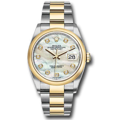 Rolex Steel and Yellow Gold Rolesor Datejust 36 Watch - Domed Bezel - White Mother-Of-Pearl Diamond Dial - Oyster Bracelet - 126203 mdo