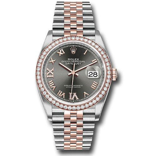 Rolex Steel and Everose Rolesor Datejust 36 Watch - Diamond Bezel - Dark Rhodium Roman Dial - Jubilee Bracelet - 126281RBR dkrdr69j