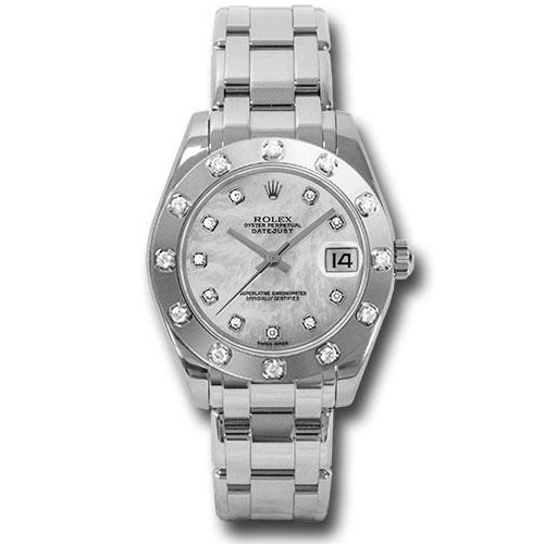 Rolex White Gold Datejust Pearlmaster 34 Watch - 12 Diamond Bezel - White Mother-Of-Pearl Diamond Dial - 81319 md