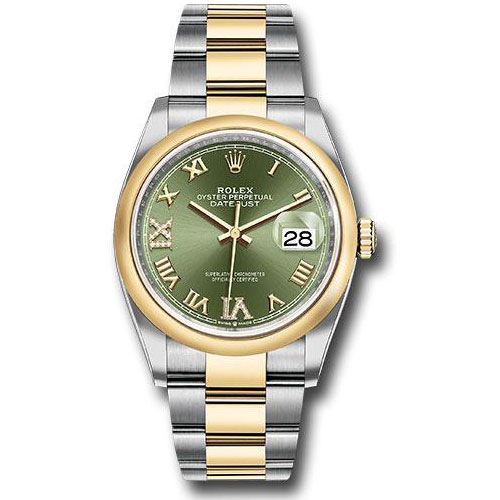 Rolex Steel and Yellow Gold Rolesor Datejust 36 Watch - Domed Bezel - Olive Green Roman Dial - Oyster Bracelet - 126203 ogdr69o