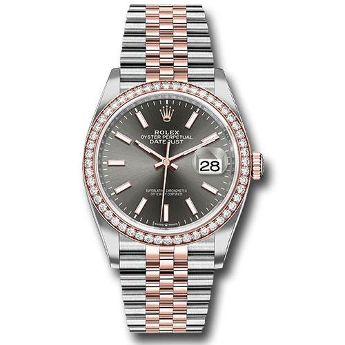 Rolex Steel and Everose Rolesor Datejust 36 Watch - Diamond Bezel - Dark Rhodium Index Dial - Jubilee Bracelet - 126281RBR dkrij