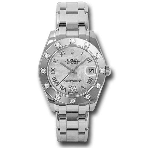Rolex White Gold Datejust Pearlmaster 34 Watch - 12 Diamond Bezel - White Mother-Of-Pearl Roman Dial - 81319 mdr