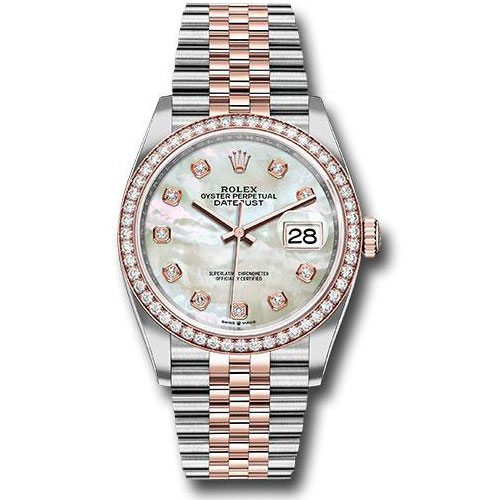 Rolex Steel and Everose Rolesor Datejust 36 Watch - Diamond Bezel - White Mother-Of-Pearl Diamond Dial - Jubilee Bracelet - 126281RBR mdj