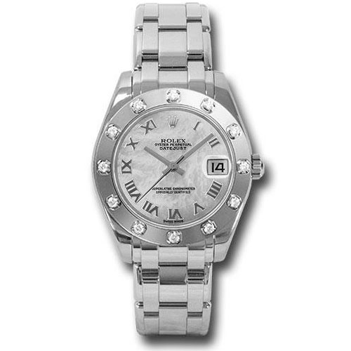 Rolex White Gold Datejust Pearlmaster 34 Watch - 12 Diamond Bezel - White Mother-Of-Pearl Roman Dial - 81319 mr