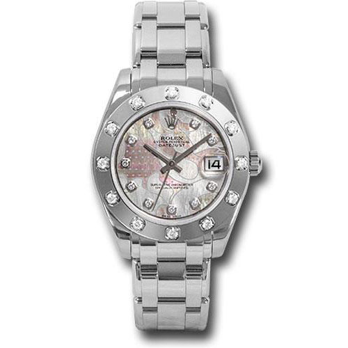 Rolex White Gold Datejust Pearlmaster 34 Watch - 12 Diamond Bezel - Pink Goldust Dream Diamond Dial - 81319 pgdd