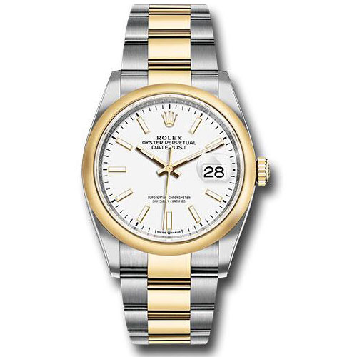 Rolex Steel and Yellow Gold Rolesor Datejust 36 Watch - Domed Bezel - White Index Dial - Oyster Bracelet - 126203 wio