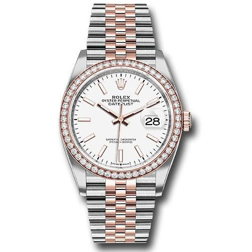 Rolex Steel and Everose Rolesor Datejust 36 Watch - Diamond Bezel - White Index Dial - Jubilee Bracelet - 126281RBR wij
