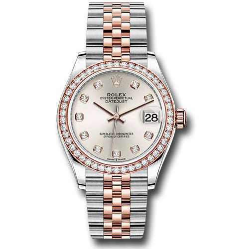 Rolex Steel and Everose Gold Datejust 31 Watch - 46 Diamond Bezel - Silver Diamond Dial - Jubilee Bracelet - 278381RBR sdj