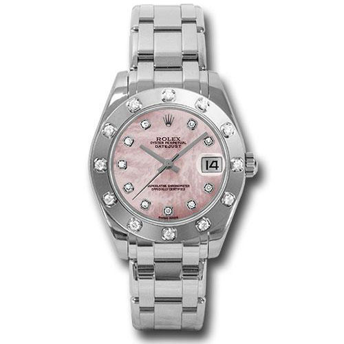 Rolex White Gold Datejust Pearlmaster 34 Watch - 12 Diamond Bezel - Pink Mother-Of-Pearl Diamond Dial - 81319 pmd
