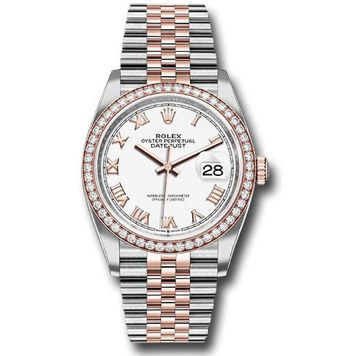 Rolex Steel and Everose Rolesor Datejust 36 Watch - Diamond Bezel - White Roman Dial - Jubilee Bracelet - 126281RBR wrj