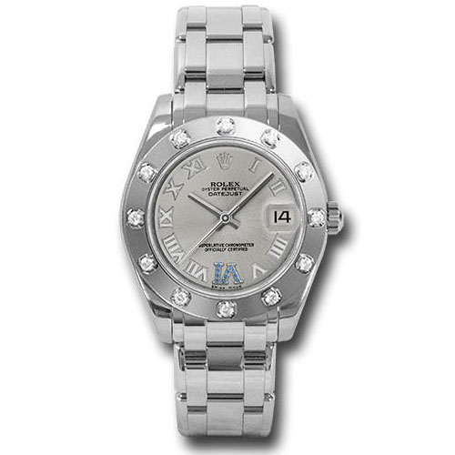 Rolex White Gold Datejust Pearlmaster 34 Watch - 12 Diamond Bezel - Silver Roman Dial - 81319 ssr