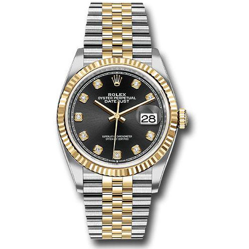 Rolex Steel and Yellow Gold Rolesor Datejust 36 Watch - Fluted Bezel - Black Diamond Dial - Jubilee Bracelet - 126233 bkdj